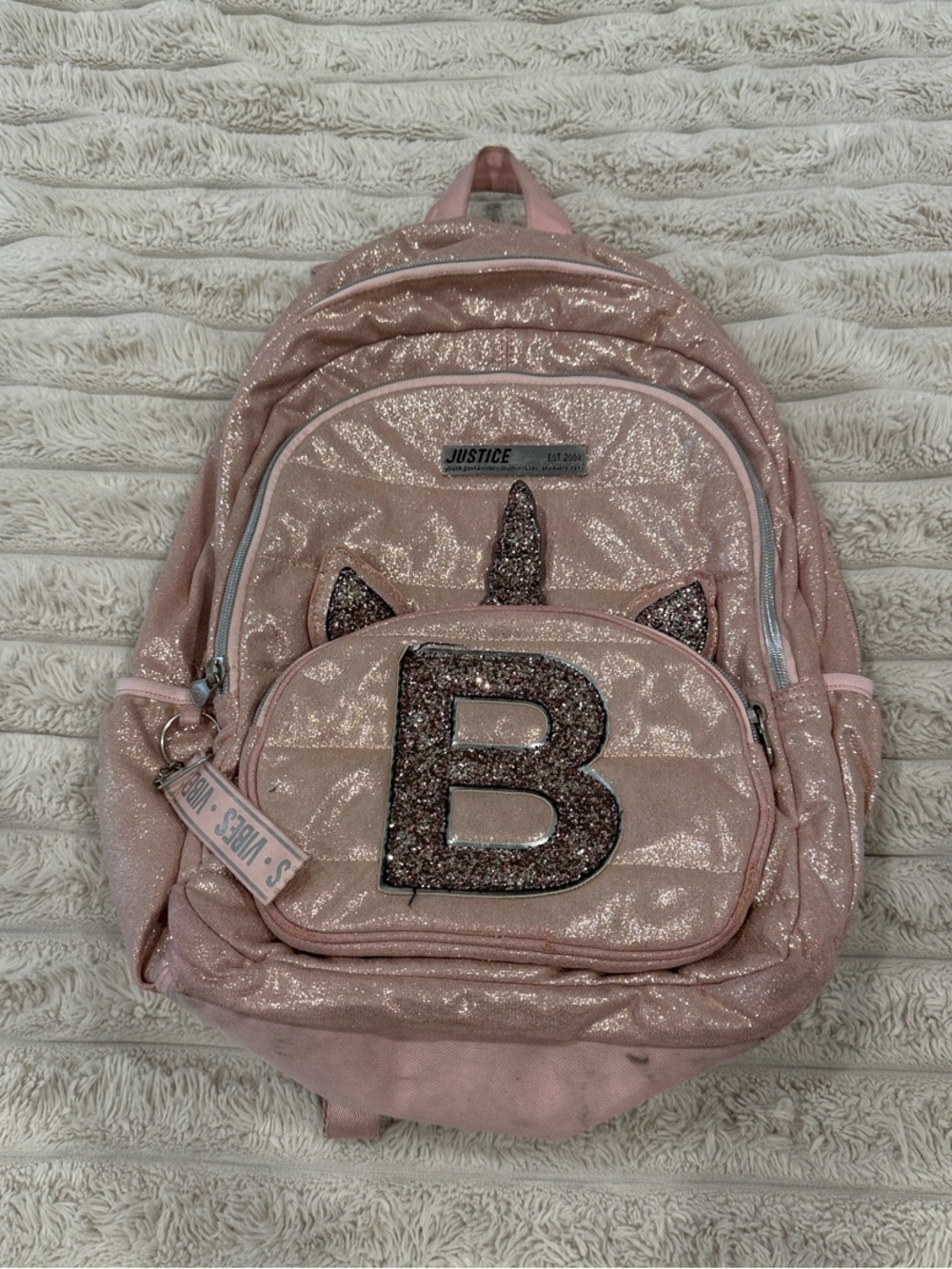 Justice Pink Sparkle Kids Backpack with Glitter 'B' Accent